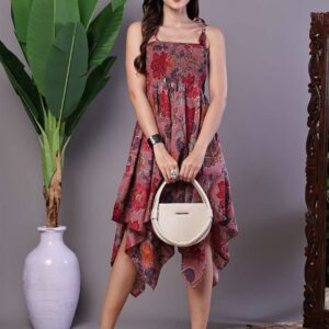 Women's Maroon Floral Printed Cotton Handkerchief Hem Midi Dress