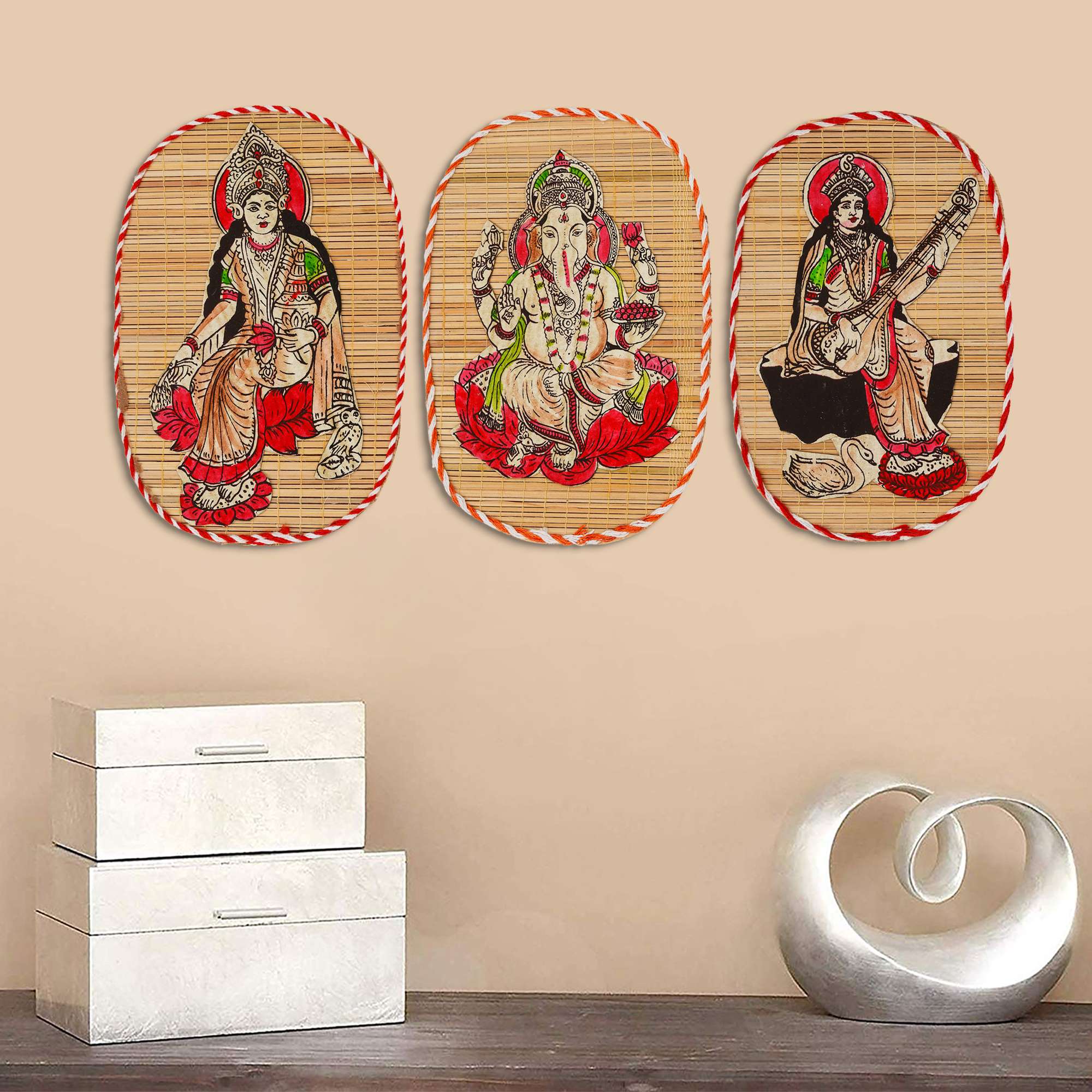 Bamboo Hand Crafted Wall Hangings Of The Trio Of Ganesh Ji, Laxmi Ji And Sarwasti Ji Painting For Home Decor