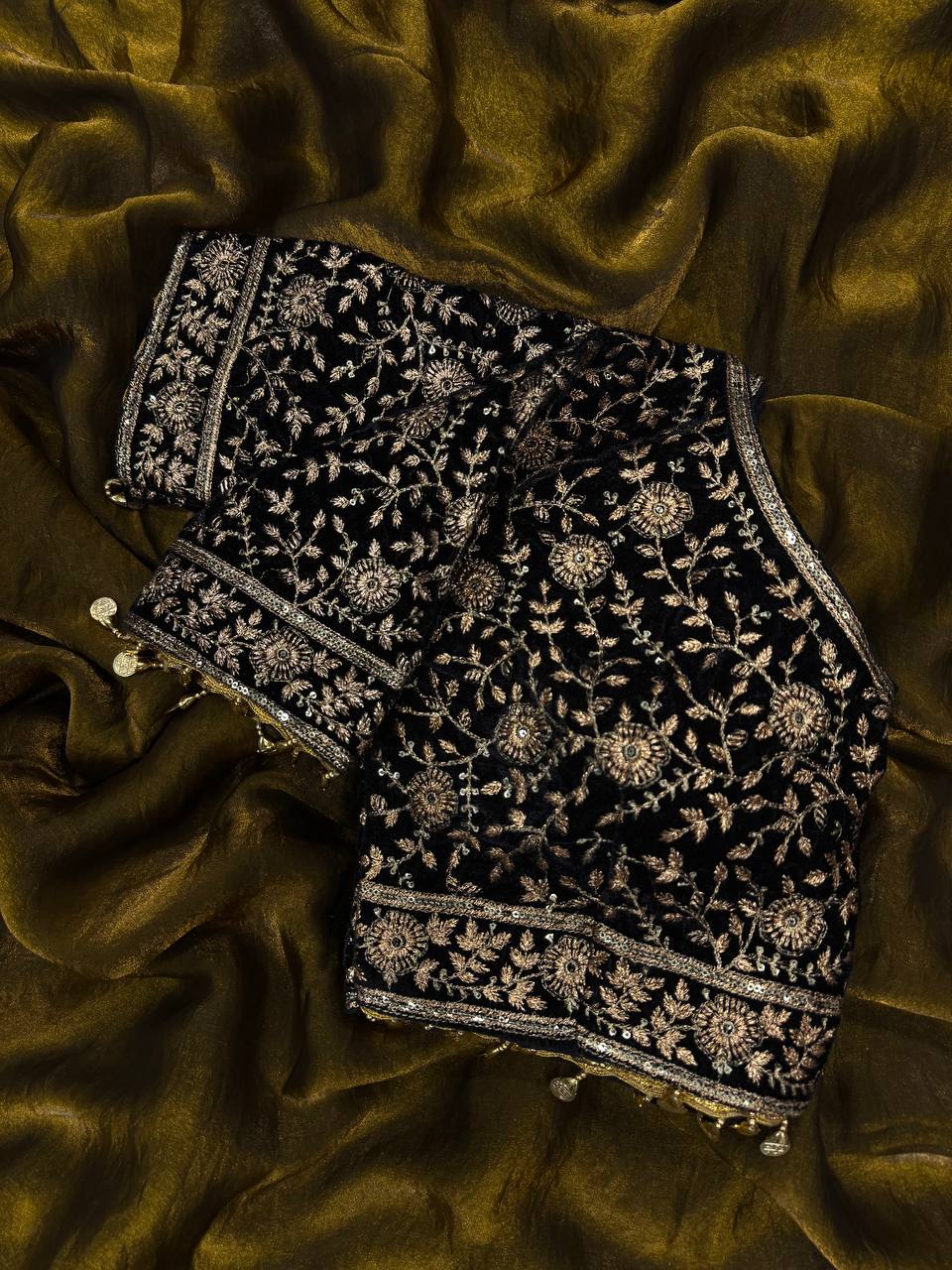 Women's Luxe Olive-Gold Silk Saree with Heavily Embellished Blouse & Border – Ideal for Evening, Wedding & Reception Wear - Image 2