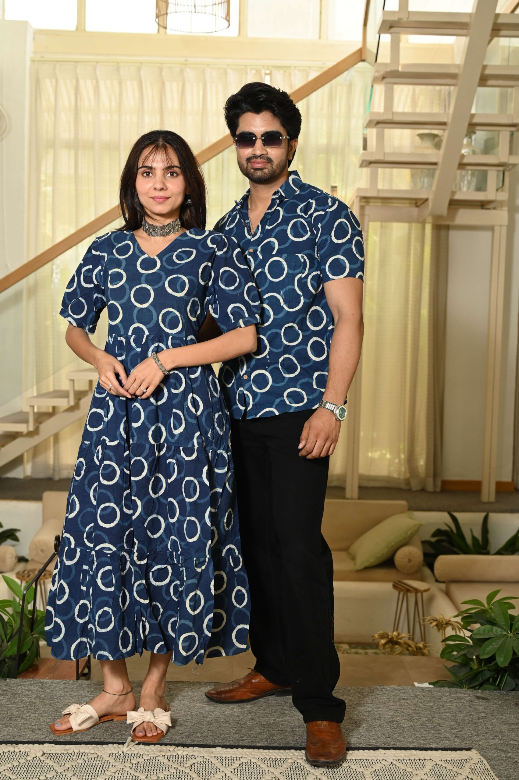 Couple Matching Navy Blue Circular Print Cotton Anarkali Midi Dress and Shirt Set